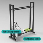 Badminton Racket Storage Rack for Home Gym with Lockable Wheels, Large Steel Sports Equipment Holder, Black Tennis Racket Stand